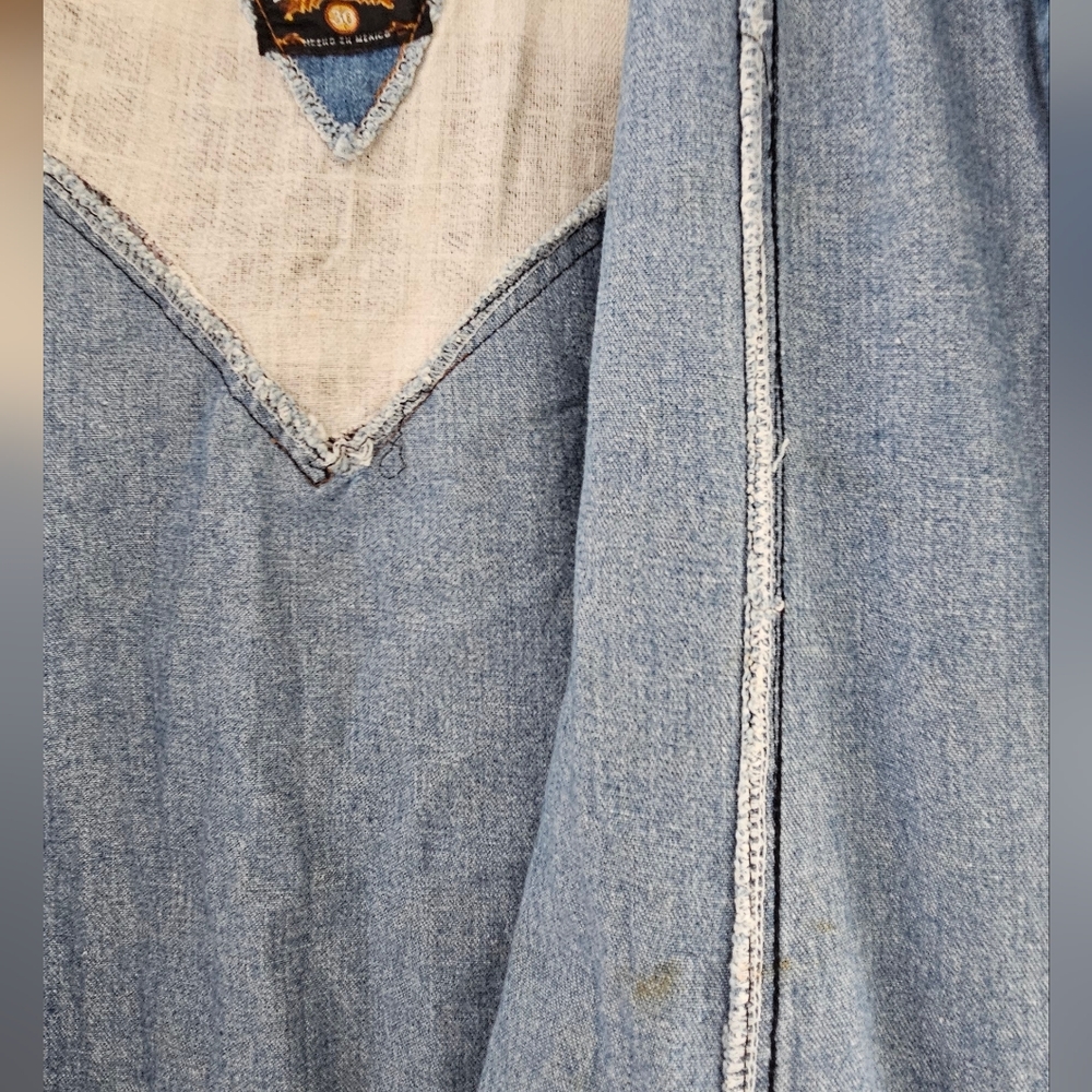 Boho Retro Western Cow Girl Denim Shirt Dress Button Front Plaid Accent Size S - Picture 9 of 13